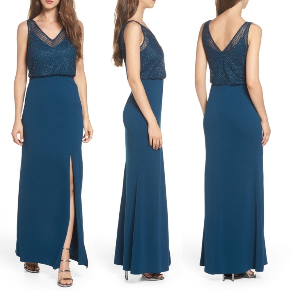 Adrianna Papell Lattice‎ Beaded Bodice Gown  in Teal Crush Dress Long Formal